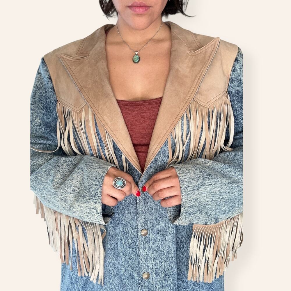 VTG Western Heavy Weight Acid Washed Denim Trench w/ Leather Fringe USA Made XL - Picture 9 of 16
